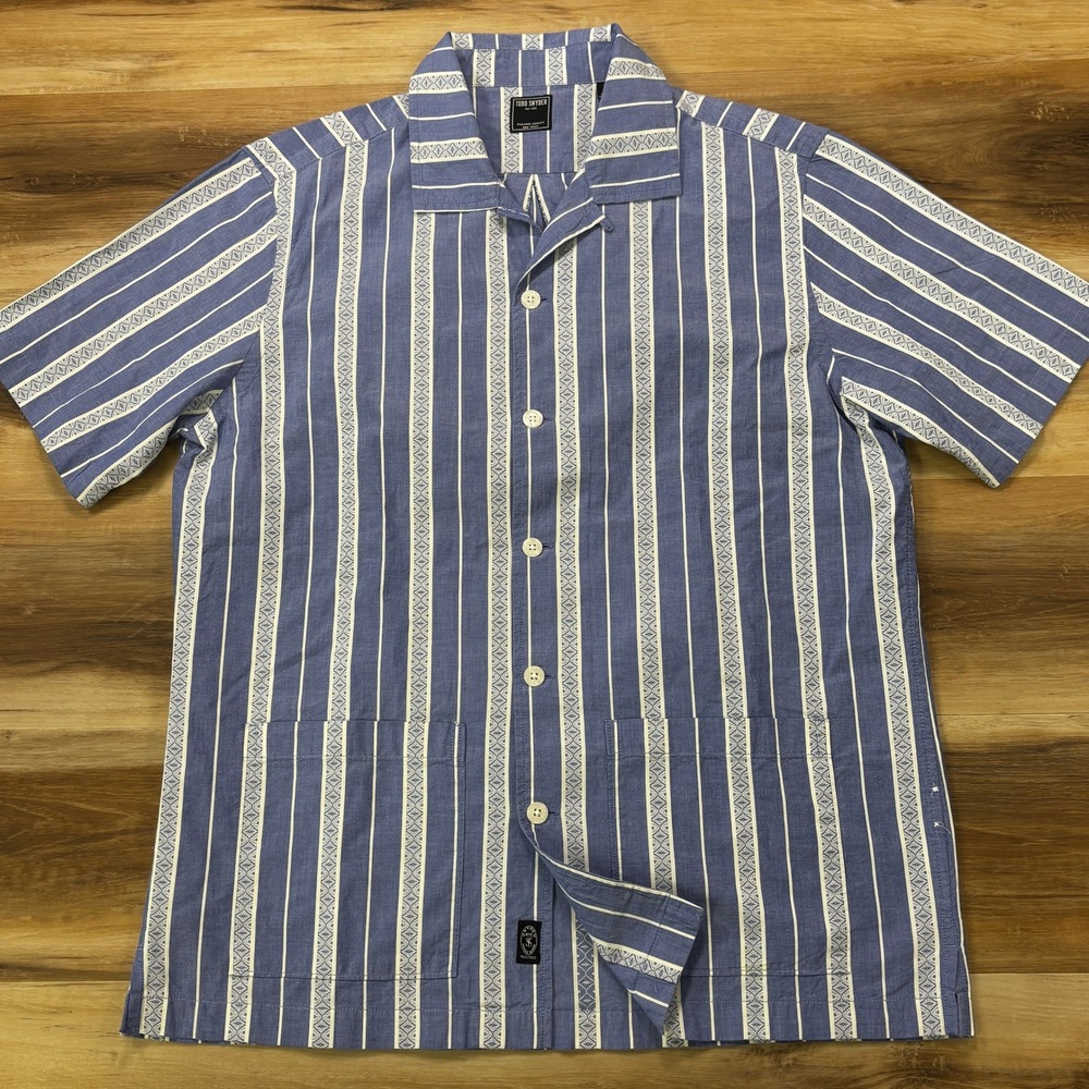 Todd Snyder Men L Short Sleeve Button Down Shirt Blue Stripe Cotton Camp Collar